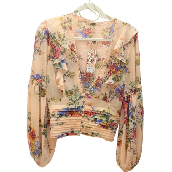 Gimmicks Tops - BKE NWT Womens Medium Top Floral Sheer Peach Balloon Sleeve Ruffles Cottage Core